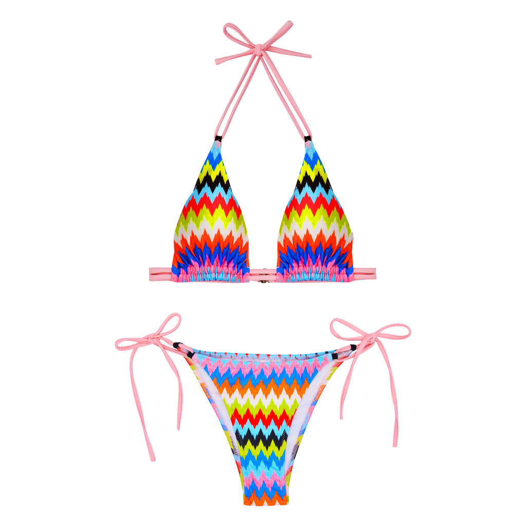 Zigzag Print Triangle Tie Side Bikini - Colorful - 3