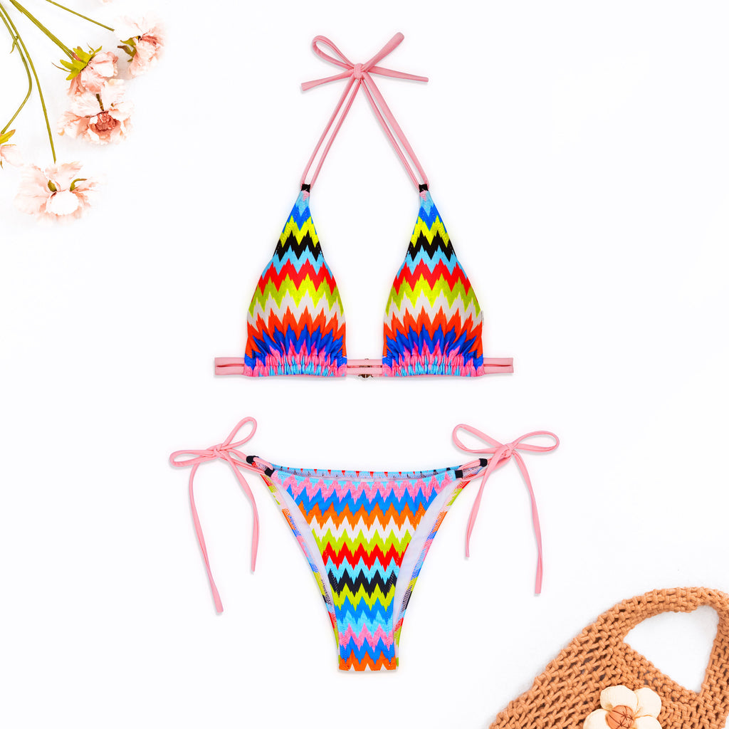 Zigzag Print Triangle Tie Side Bikini - Colorful - 4