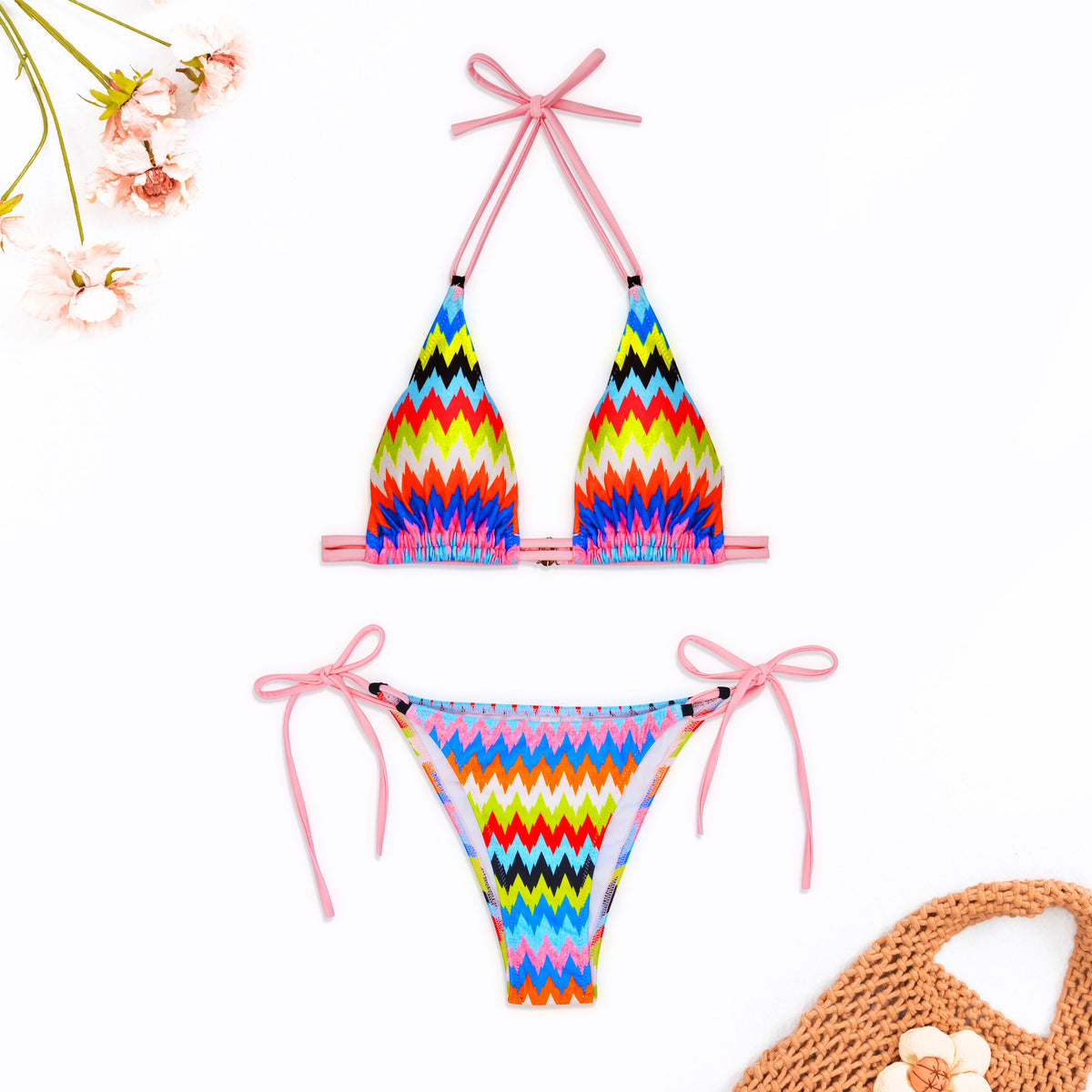 Zigzag Print Triangle Tie Side Bikini - Colorful - 4