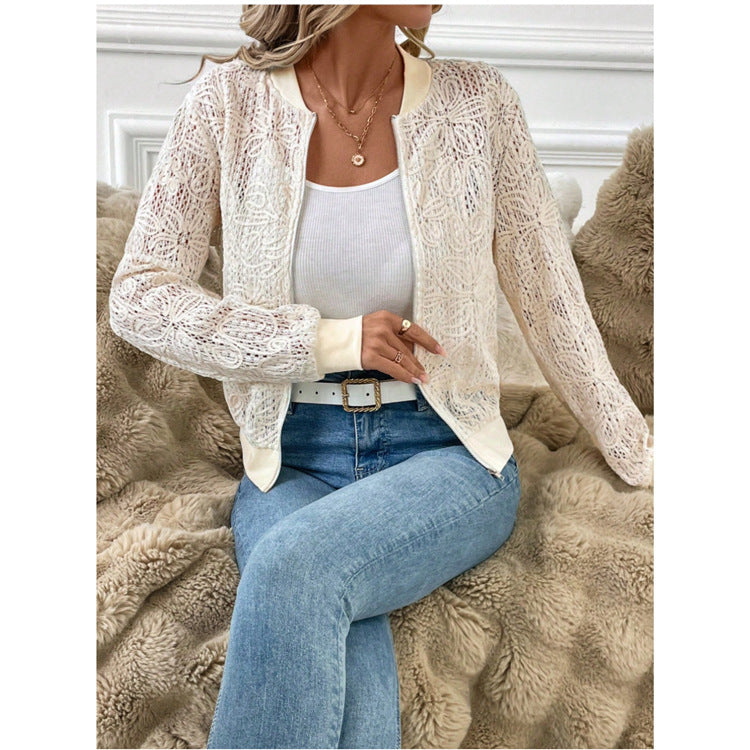 Sheer Lace Zip Up Bomber Jacket