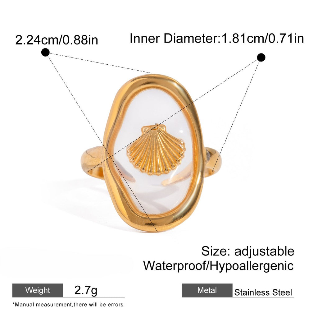 Seashell Motif Clear Oval Ring - Gold