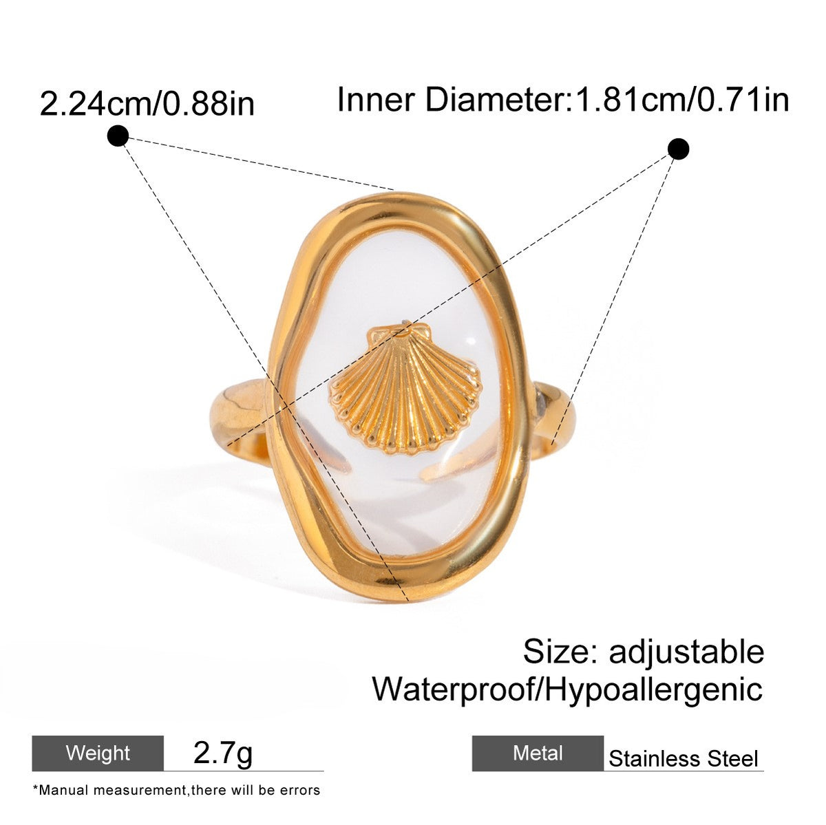 Seashell Motif Clear Oval Ring - Gold