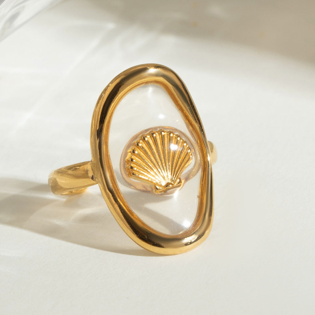 Seashell Motif Clear Oval Ring - Gold - 1