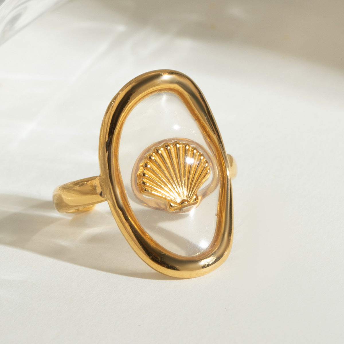 Seashell Motif Clear Oval Ring - Gold - 1