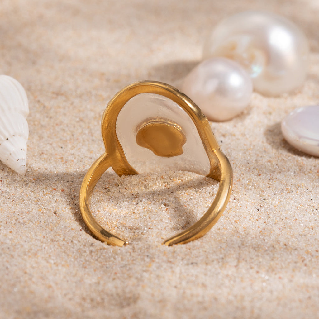 Seashell Motif Clear Oval Ring - Gold - 2