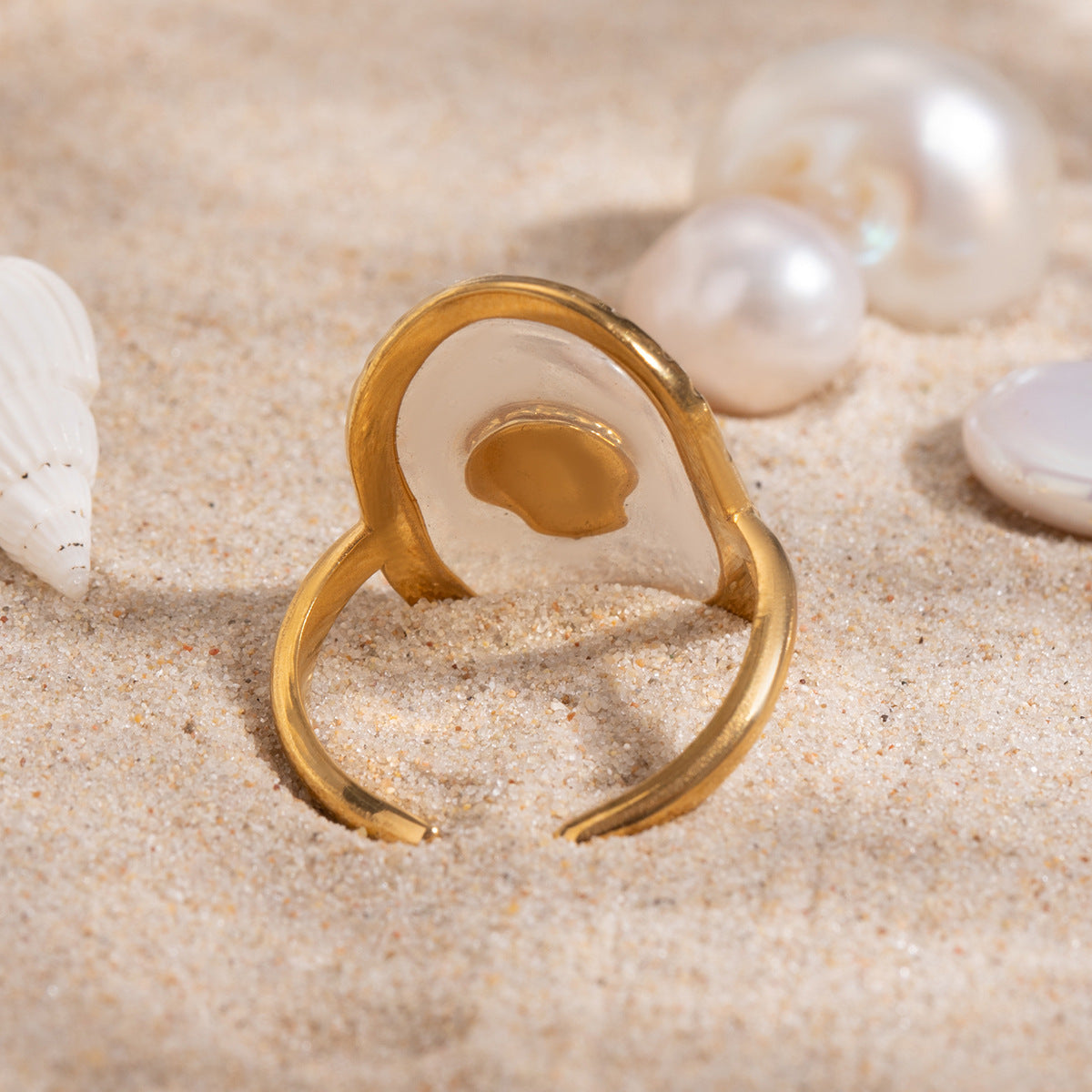 Seashell Motif Clear Oval Ring - Gold - 2
