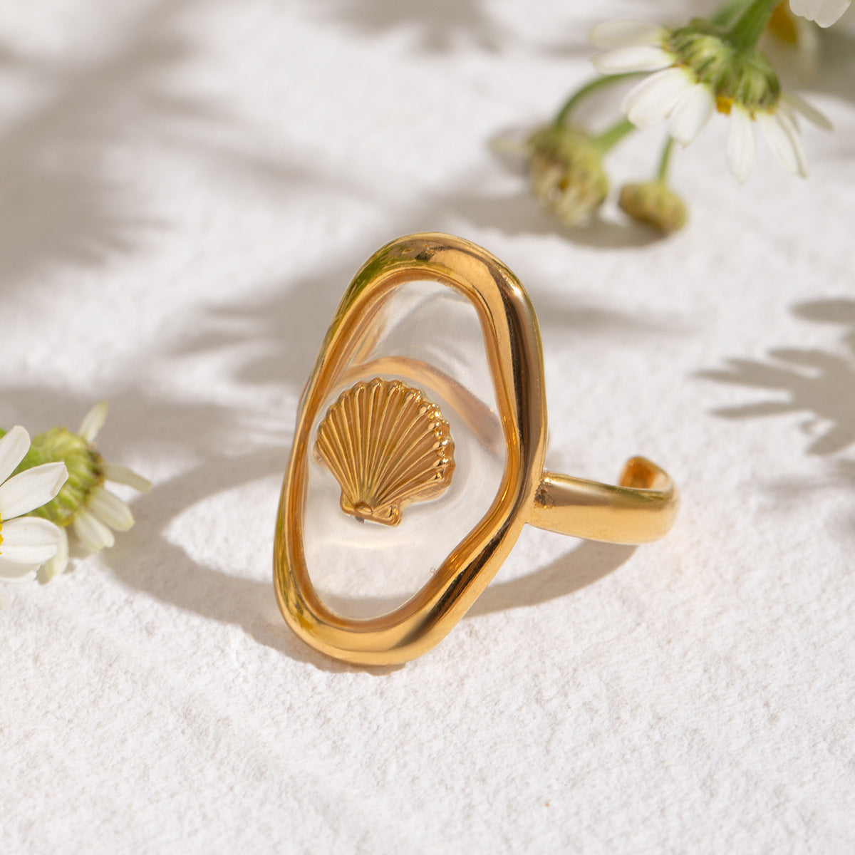 Seashell Motif Clear Oval Ring - Gold - 3