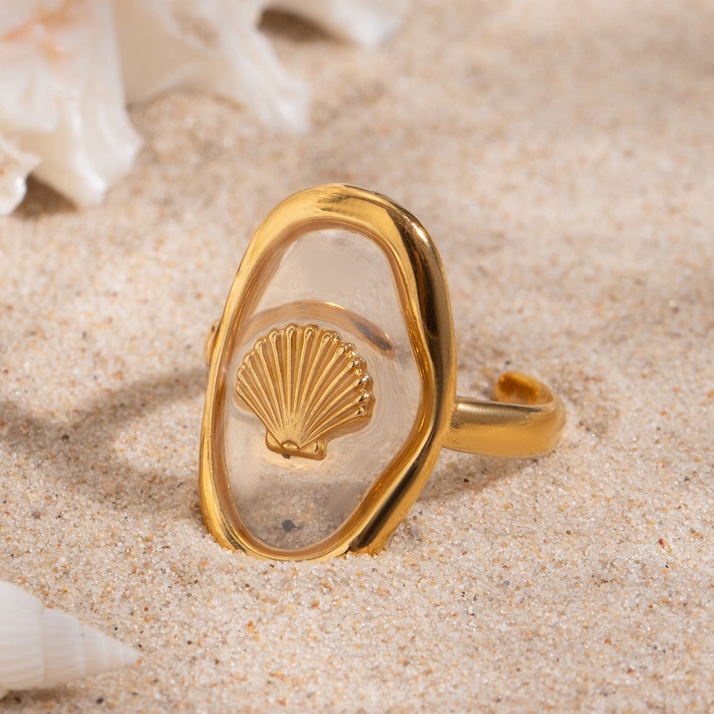 Seashell Motif Clear Oval Ring - Gold - 4