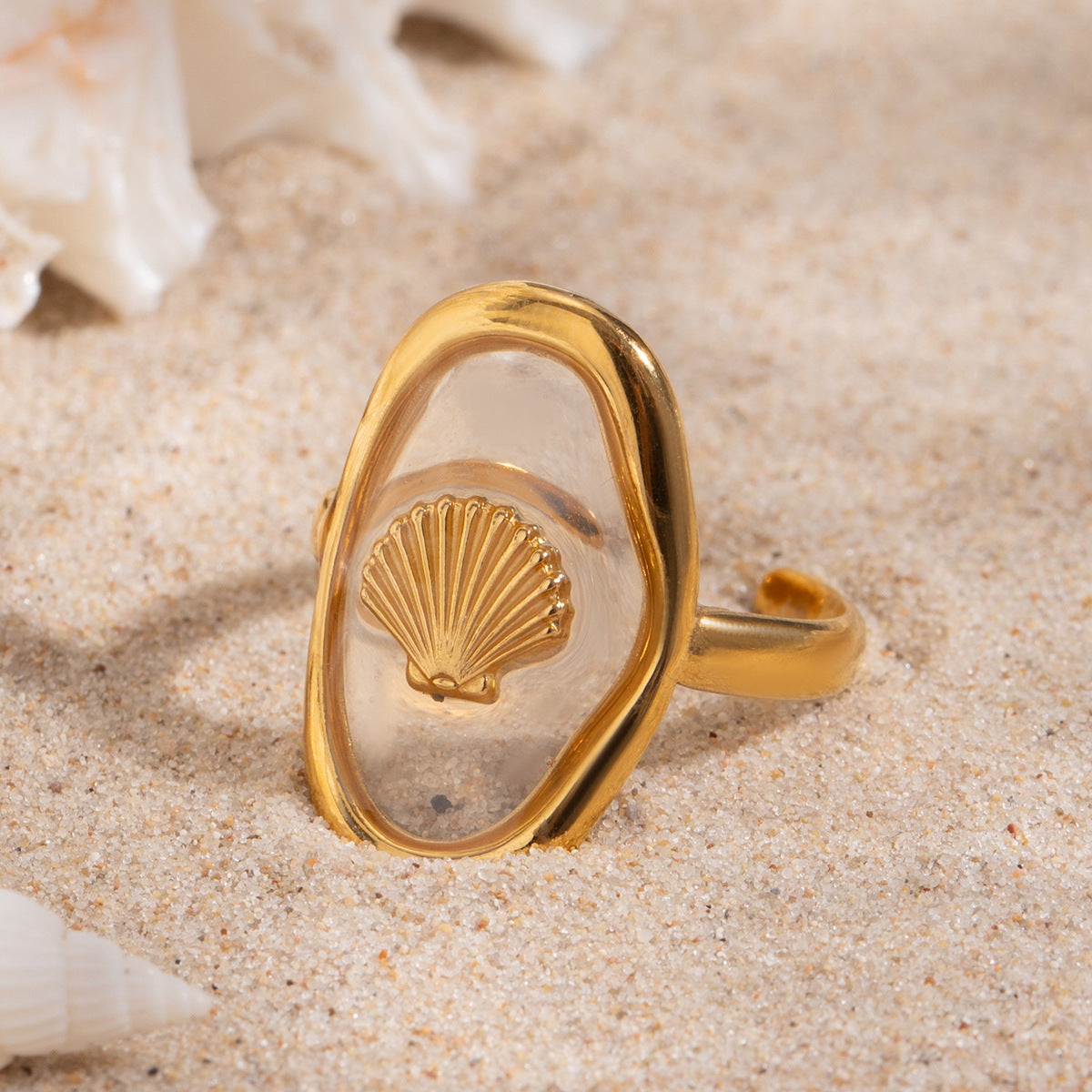 Seashell Motif Clear Oval Ring - Gold - 4