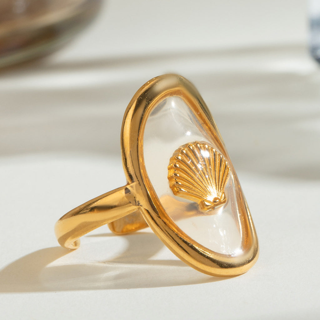Seashell Motif Clear Oval Ring - Gold - 7
