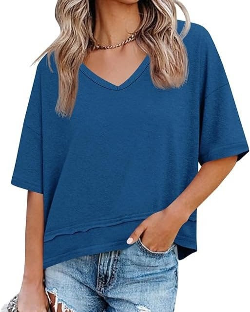 V Neck Exposed Seam Relaxed T-Shirt - Blue