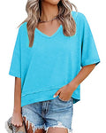 V Neck Exposed Seam Relaxed T-Shirt - Light-Blue