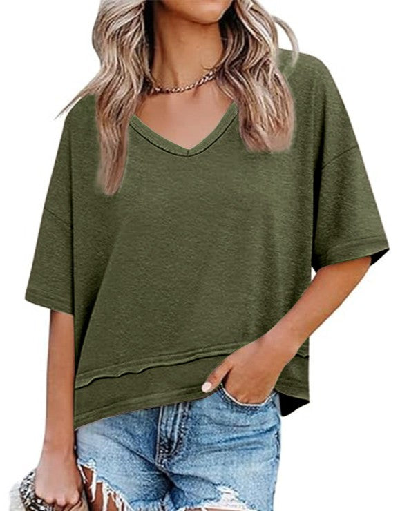 V Neck Exposed Seam Relaxed T-Shirt - MGreen