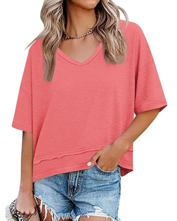 V Neck Exposed Seam Relaxed T-Shirt - Pink