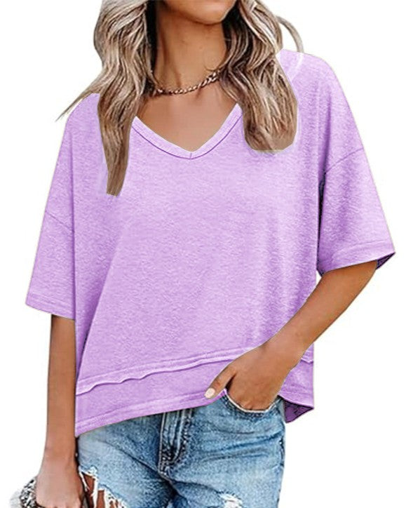 V Neck Exposed Seam Relaxed T-Shirt - Purple