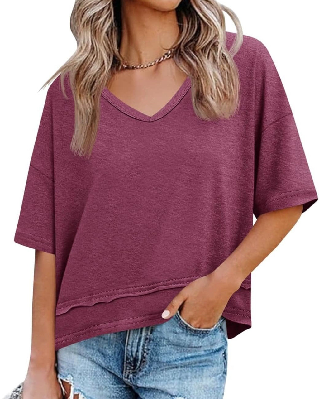 V Neck Exposed Seam Relaxed T-Shirt - PurplishRed