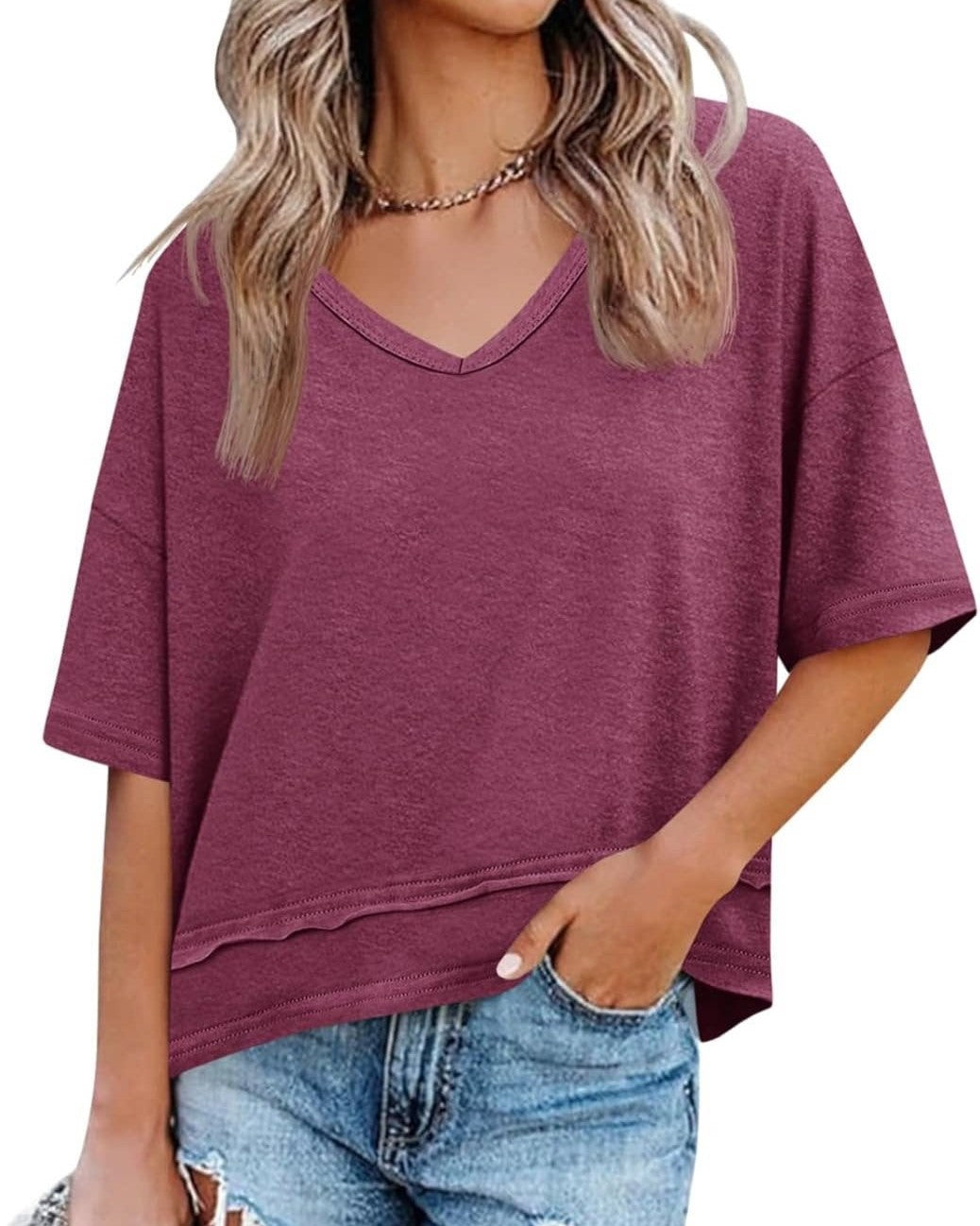 V Neck Exposed Seam Relaxed T-Shirt - PurplishRed