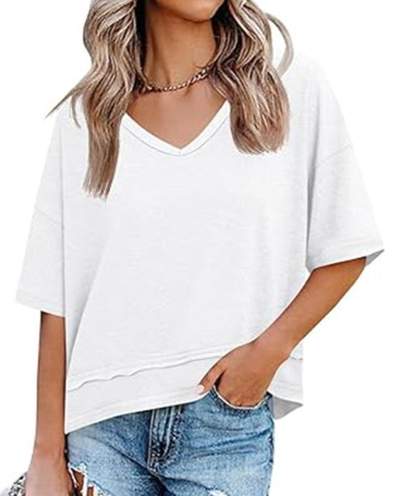 V Neck Exposed Seam Relaxed T-Shirt - White