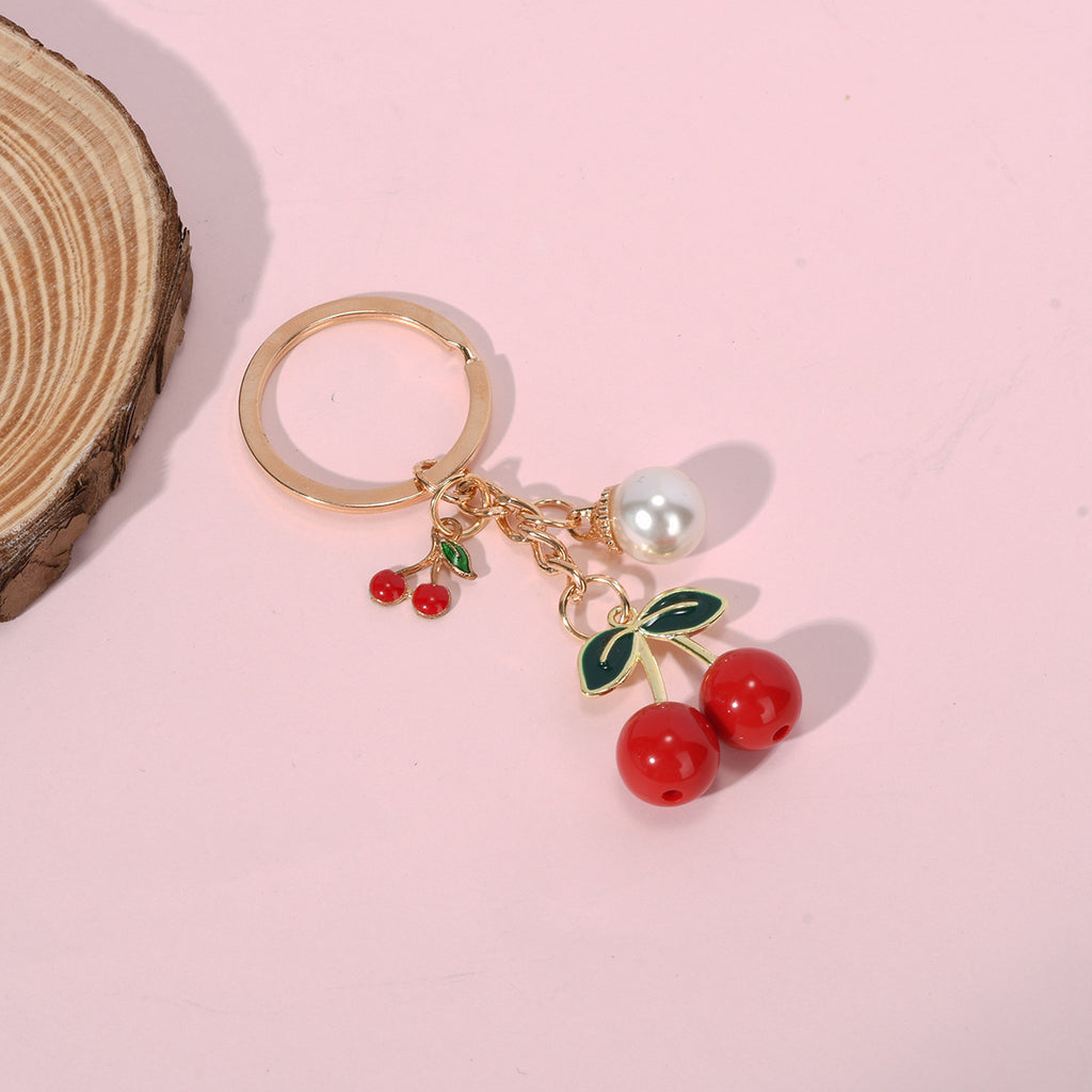 Dangling Cherry And Pearl Charm Keychain - NO-2