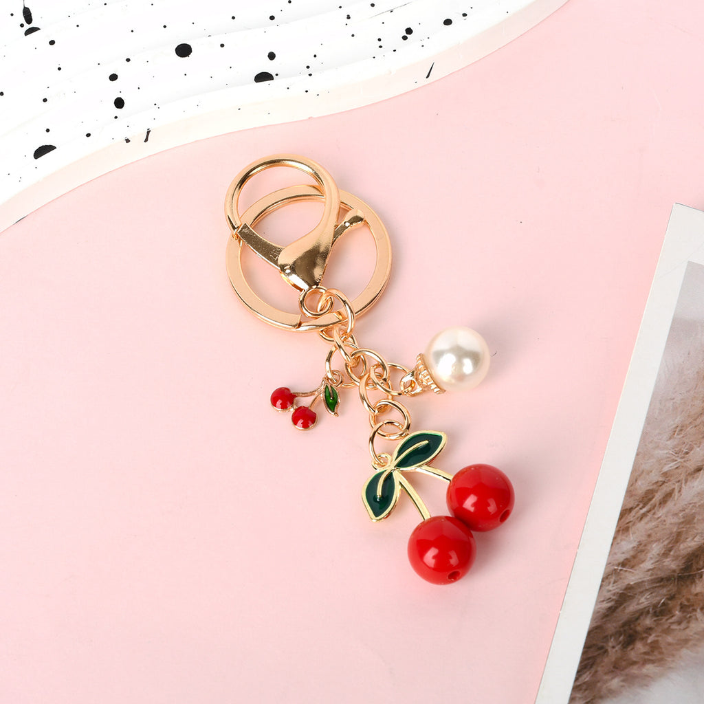 Dangling Cherry And Pearl Charm Keychain - NO-3