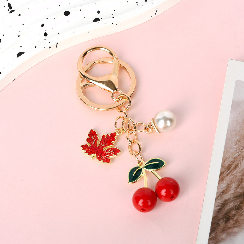 Dangling Cherry And Pearl Charm Keychain - NO-4