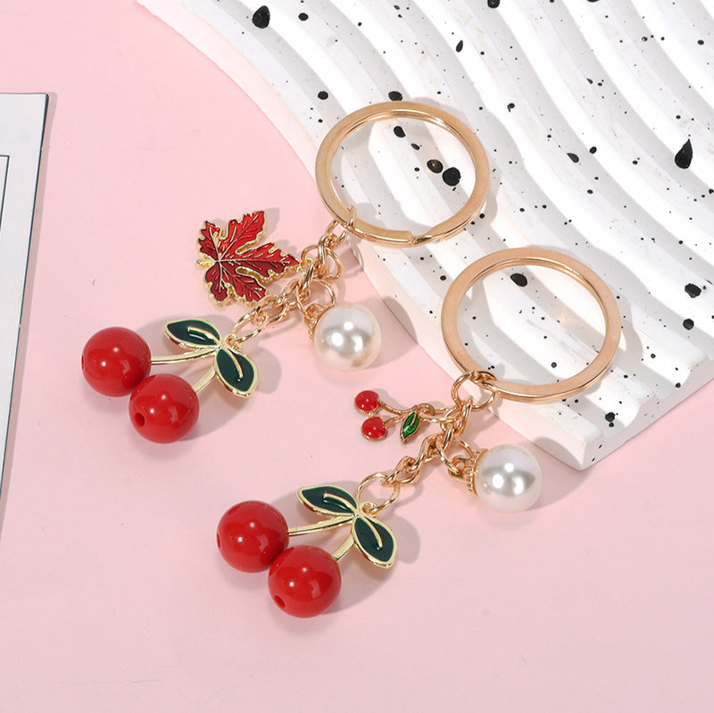 Dangling Cherry And Pearl Charm Keychain - view 1