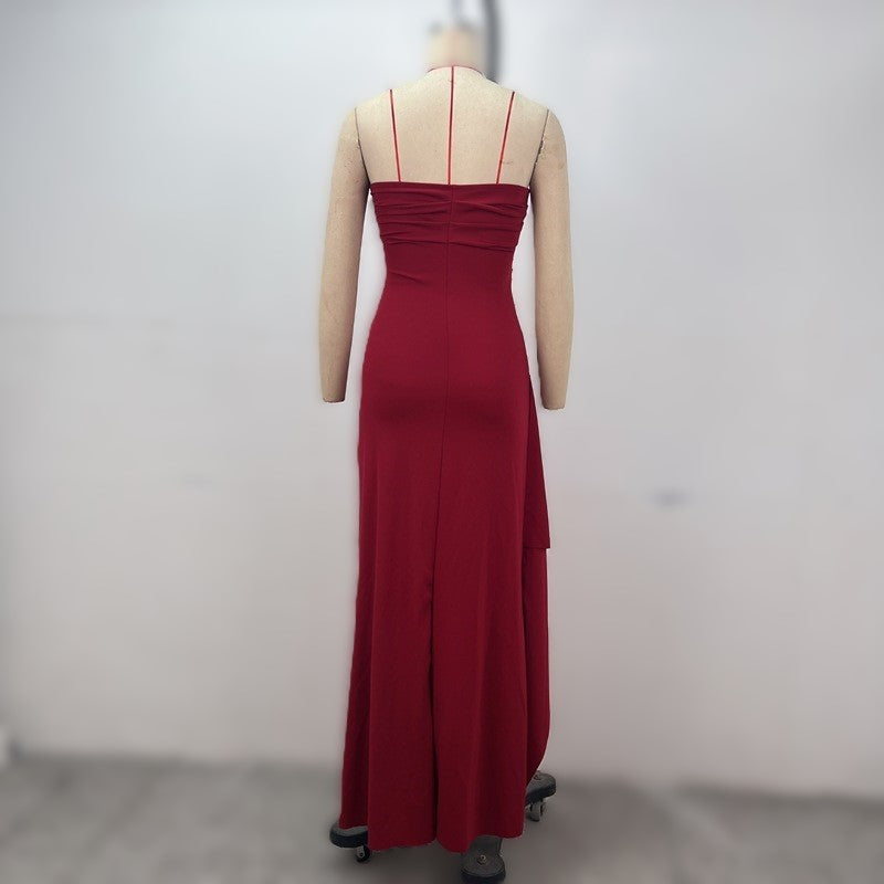 Strapless Ruched High Slit Maxi Dress - Winered - 1