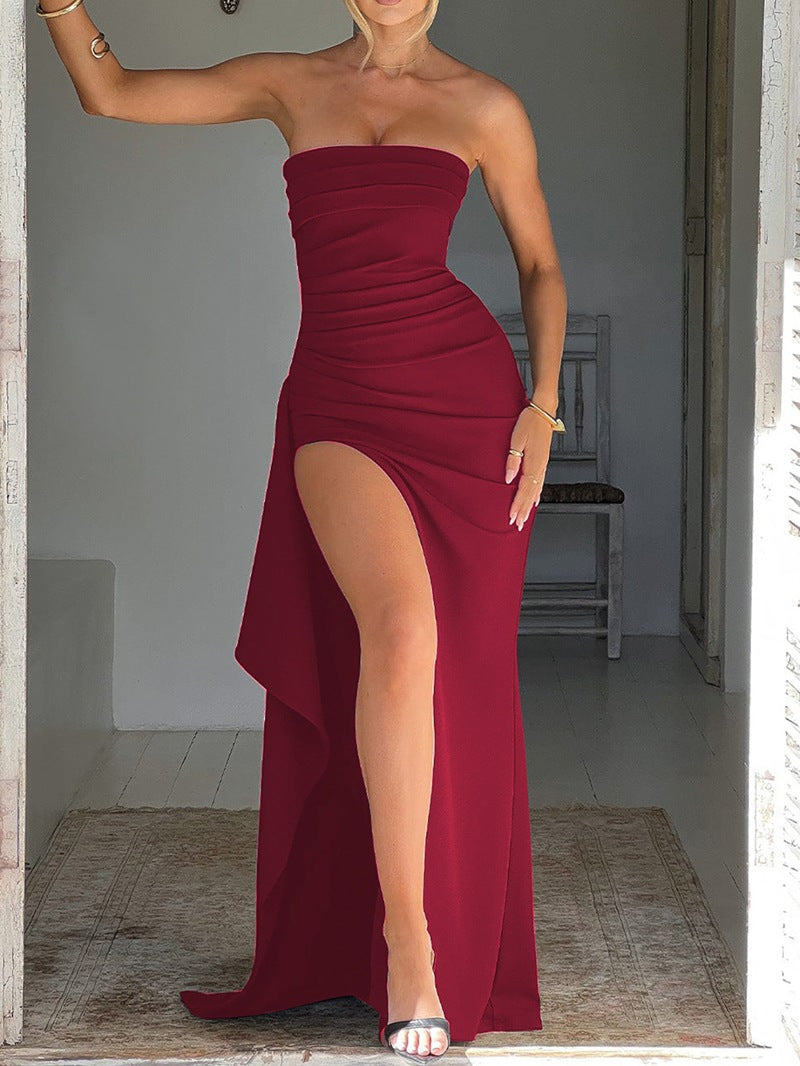 Strapless Ruched High Slit Maxi Dress - Winered - 2