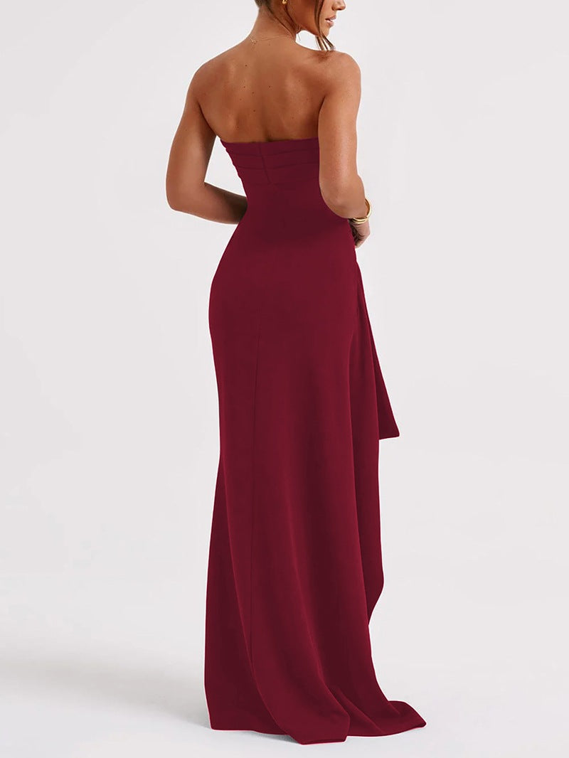Strapless Ruched High Slit Maxi Dress - Winered - 3