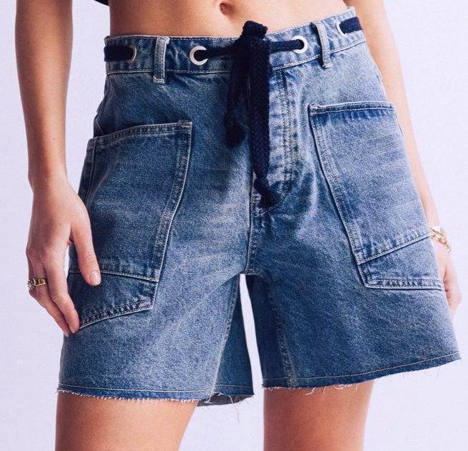 Raw Hem Denim Shorts With Utility Pockets - Blue