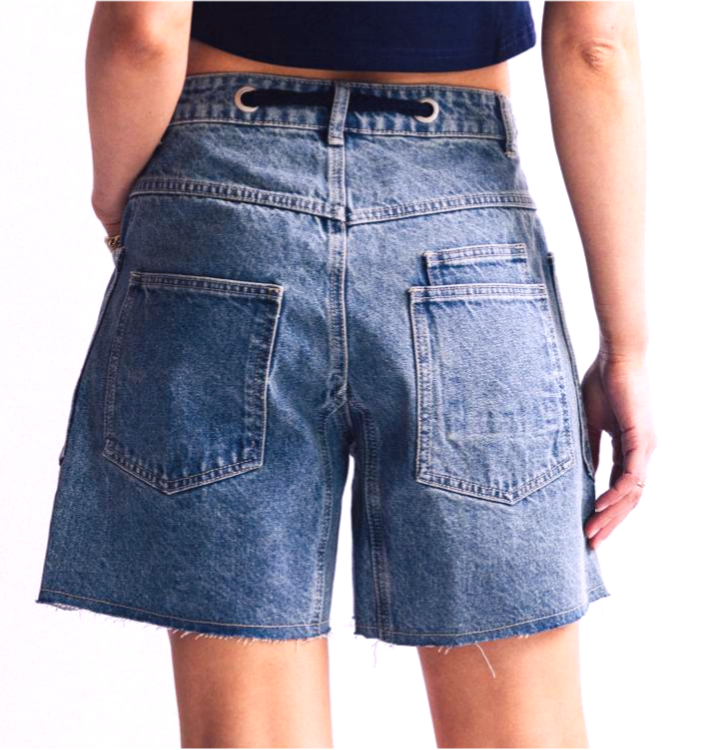 Raw Hem Denim Shorts With Utility Pockets - Blue - 2