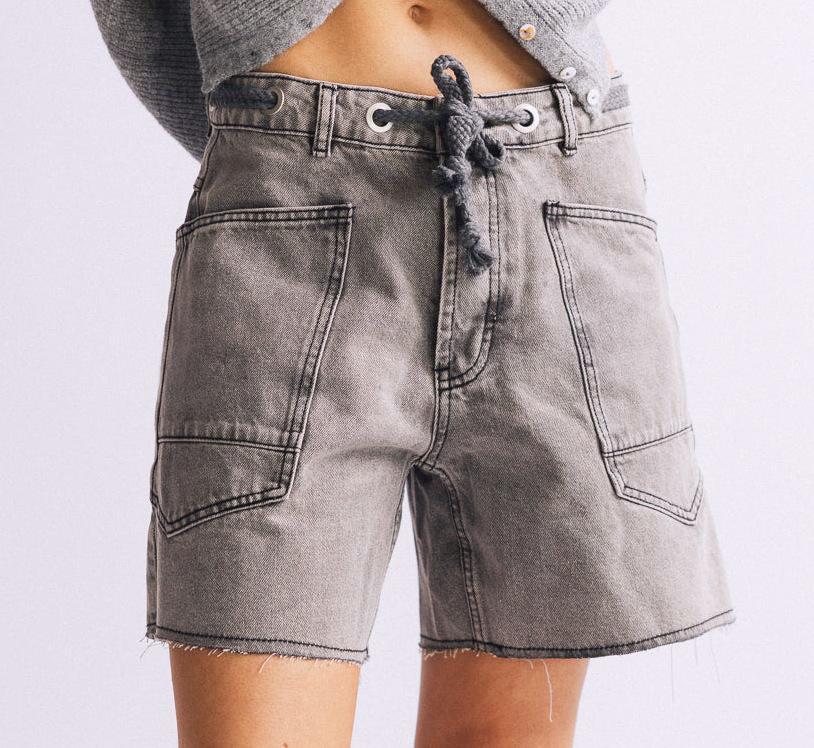 Raw Hem Denim Shorts With Utility Pockets - Gray - 1