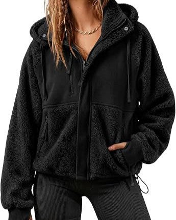 Teddy Fleece Hooded Zip Jacket Drawstring Hem - Black