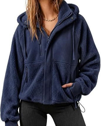 Teddy Fleece Hooded Zip Jacket Drawstring Hem - Blue