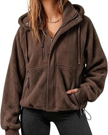 Teddy Fleece Hooded Zip Jacket Drawstring Hem - Coffee