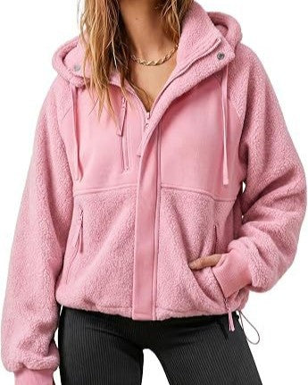 Teddy Fleece Hooded Zip Jacket Drawstring Hem - Pink