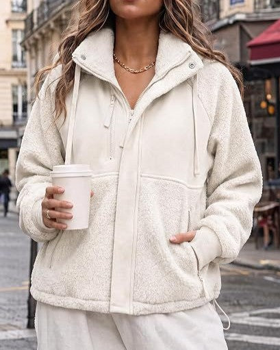 Teddy Fleece Hooded Zip Jacket Drawstring Hem - White