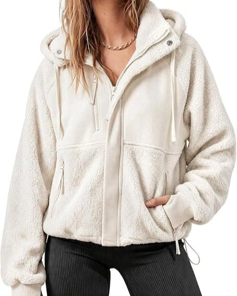 Teddy Fleece Hooded Zip Jacket Drawstring Hem - White - 1