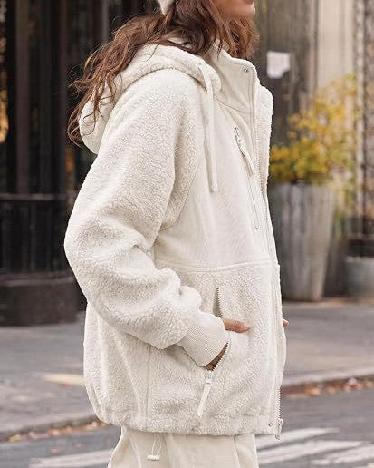 Teddy Fleece Hooded Zip Jacket Drawstring Hem - White - 2
