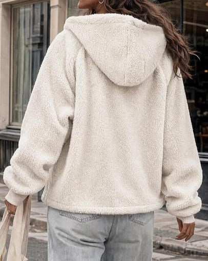 Teddy Fleece Hooded Zip Jacket Drawstring Hem - White - 3