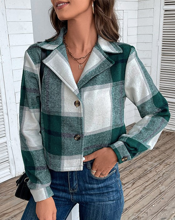 Green Plaid Cropped Collared Jacket - view 1