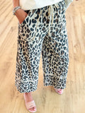 Leopard Print Drawstring Wide Leg Pants - Leopard