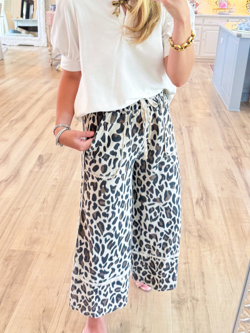 Leopard Print Drawstring Wide Leg Pants - Leopard - 1