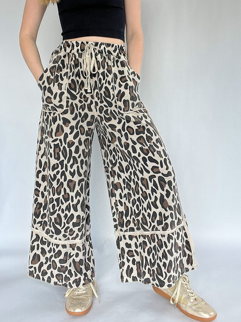 Leopard Print Drawstring Wide Leg Pants - Leopard - 2