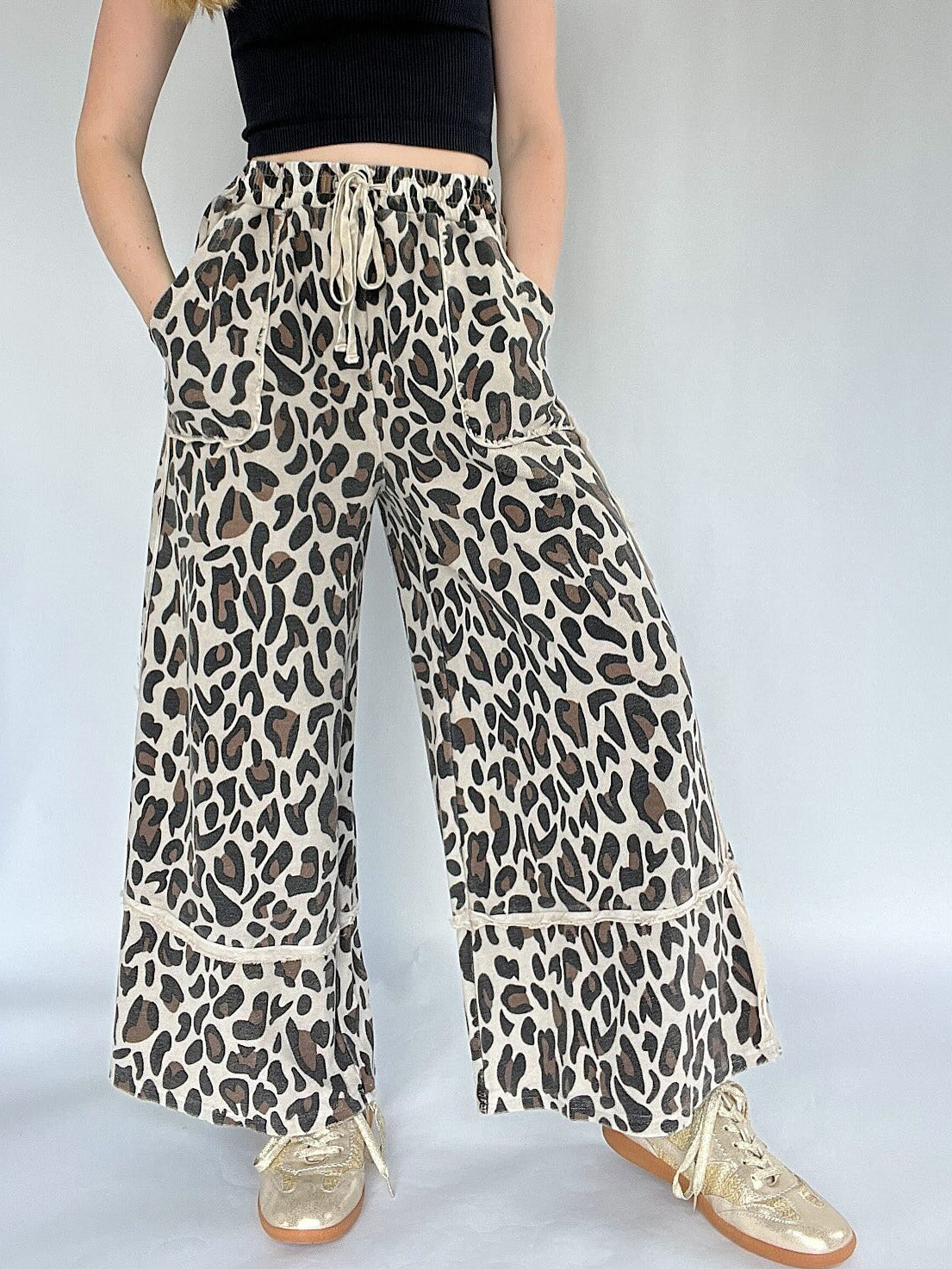 Leopard Print Drawstring Wide Leg Pants - Leopard - 2
