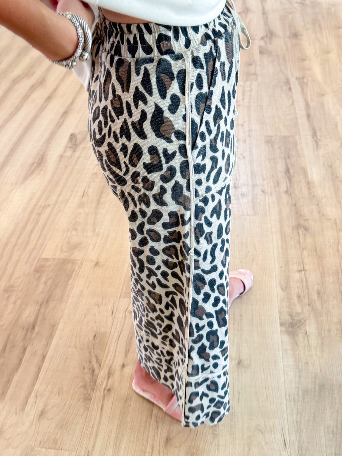 Leopard Print Drawstring Wide Leg Pants - Leopard - 3