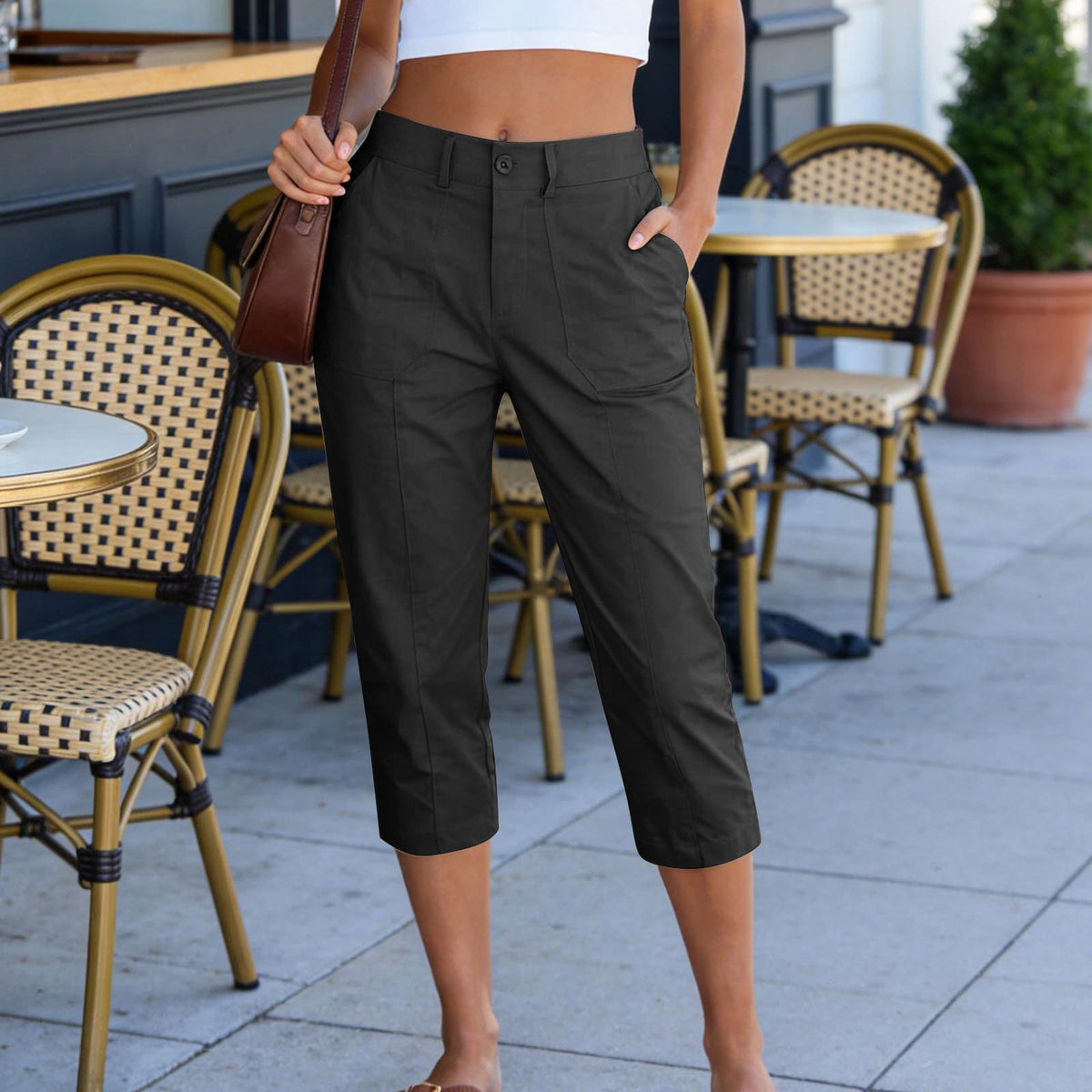 Button Front Patch Pocket Straight Capri Pants - Black