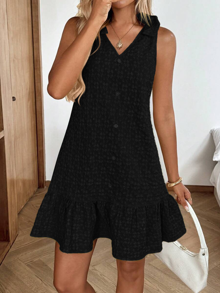 Tie Shoulder Button Front Ruffle Mini Dress - Black
