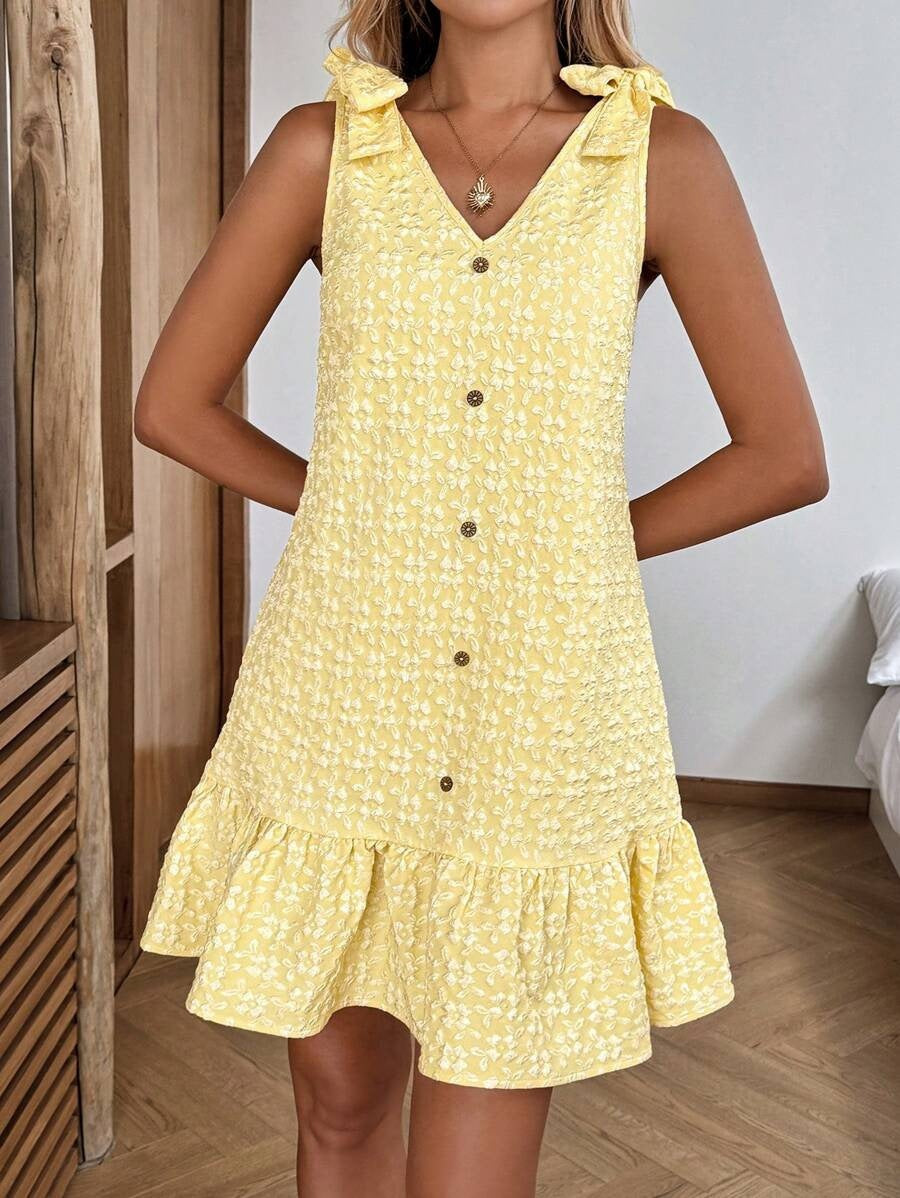Tie Shoulder Button Front Ruffle Mini Dress - Yellow