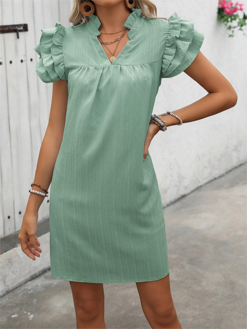 Flutter Sleeve Notch Neck Mini Shift Dress - green